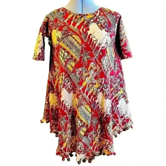 Indian Women Red Cow Floral Printed Round Neck Kurta Kurti Top Tunic Dress Small - Picture 1 of 6